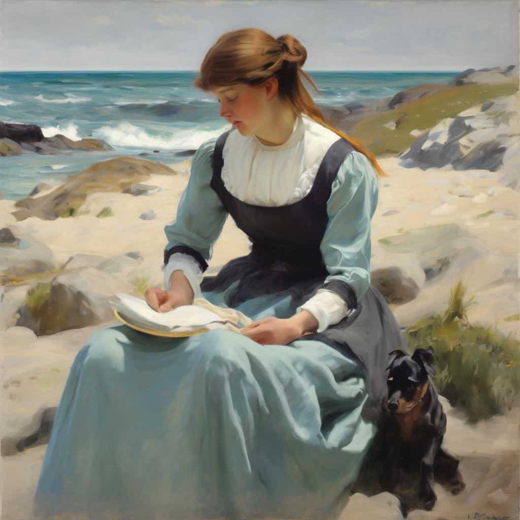 Παριζιάνα γυναίκα διαβάζει σε παραλία με σκύλο, ζωγραφική που αποτυπώνει τη ζωή και το έργο των μεγάλων δημιουργών.