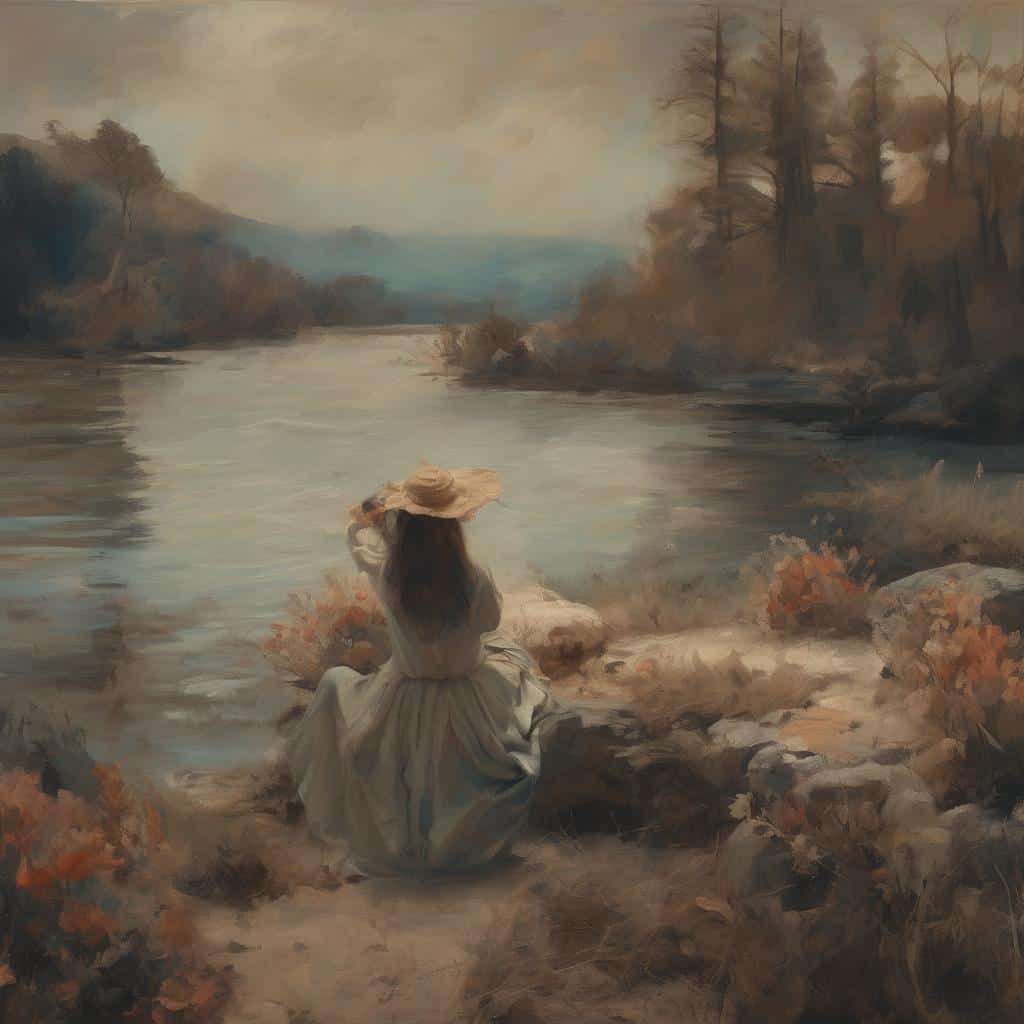 Ομορφιά και ηρεμία στη φύση, γυναικεία σκηνή σε τοπίο με ποταμό, με ήρεμα χρώματα και φυσική γαλήνη.