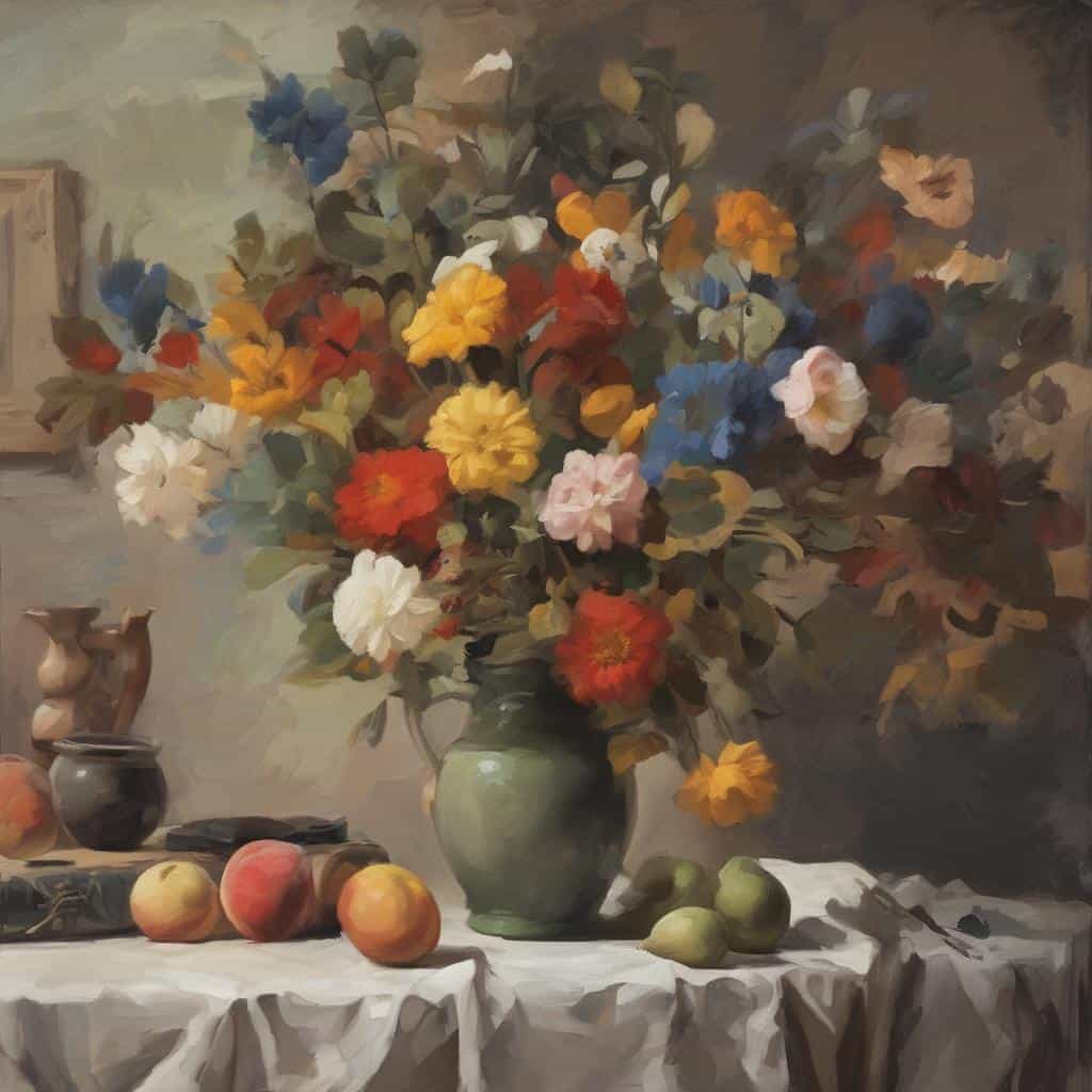 Λουλούδια σε βάζο - ζωγραφική έργο με έντονα χρώματα και ρεαλιστικές λεπτομέρειες.