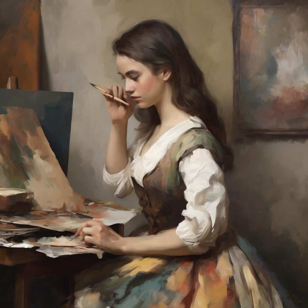 Ομορφη γυναίκα ζωγράφος στη στούντιο, δημιουργία τέχνης και έργα μεγάλων καλλιτεχνών.