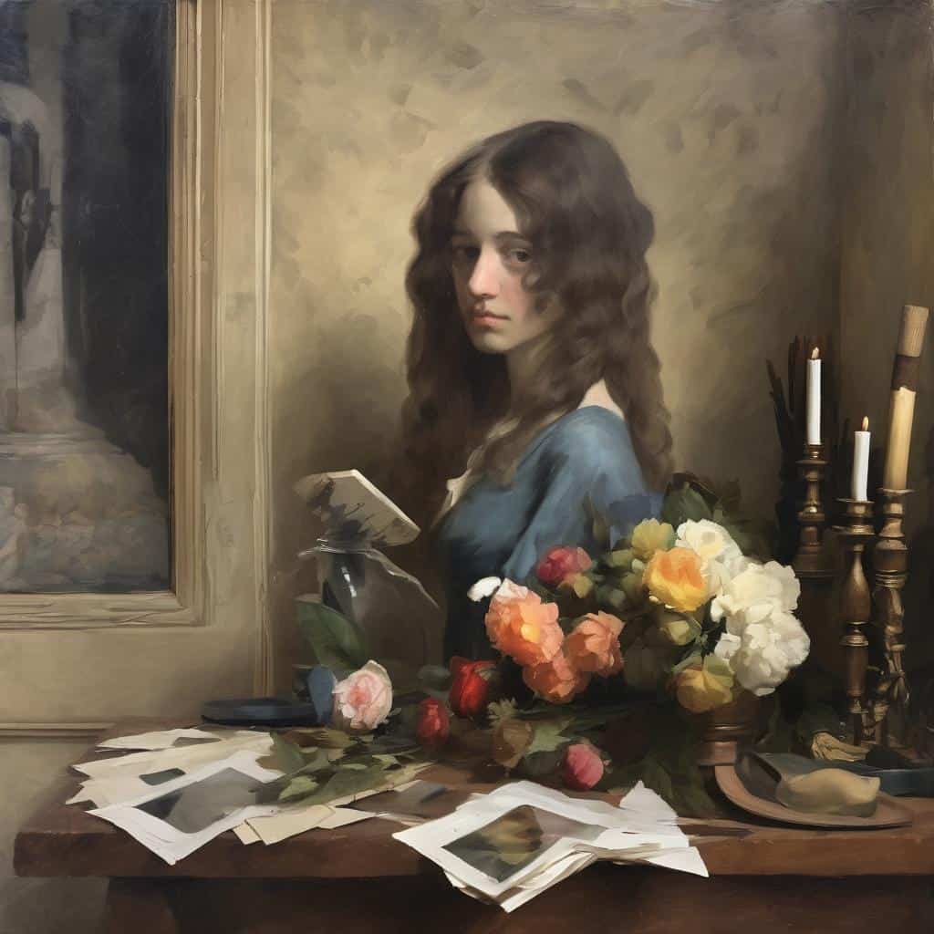 Παρούσα ζωγραφιά νεαρής γυναίκας με λουλούδια και φωτογραφίες, έργο μεγάλης δημιουργίας.